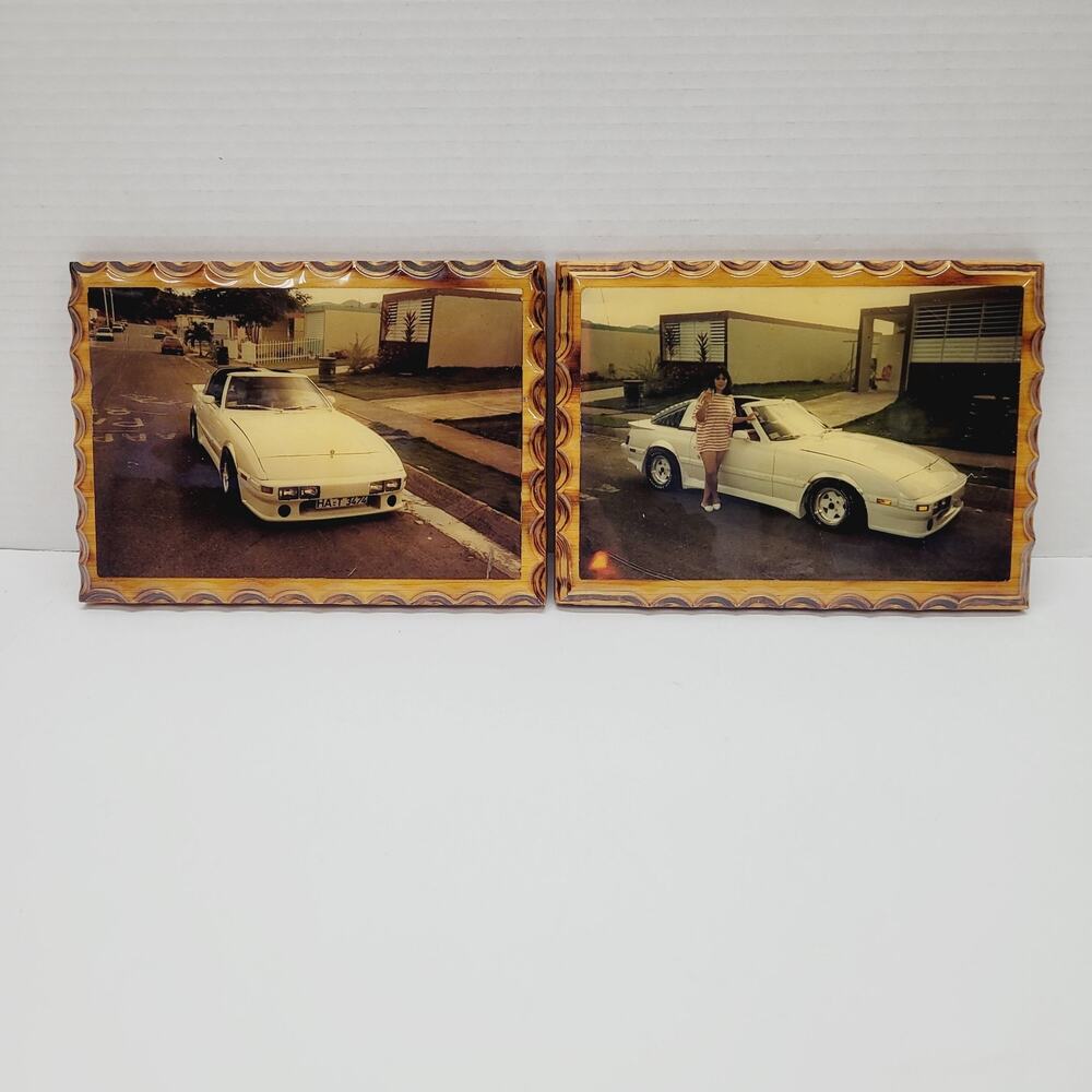 1980's Vintage Resin Lacquered Wood‎ MAZDA RX-7 Photo Wall Decor Plaque Handmade